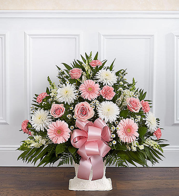 Heartfelt Tribute&trade; Floor Basket- Pink &amp; White